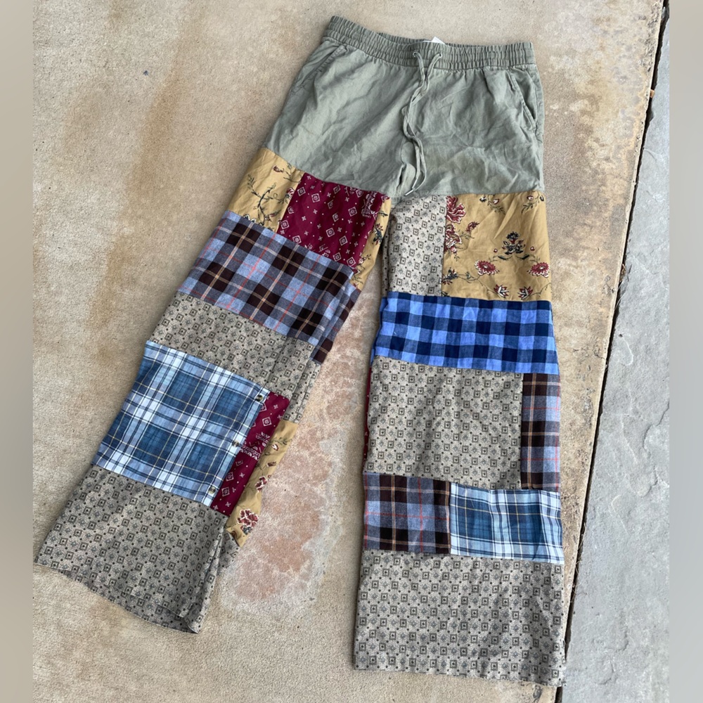 Handmade upcycled patchwork boho hippie wide leg drawstring pants